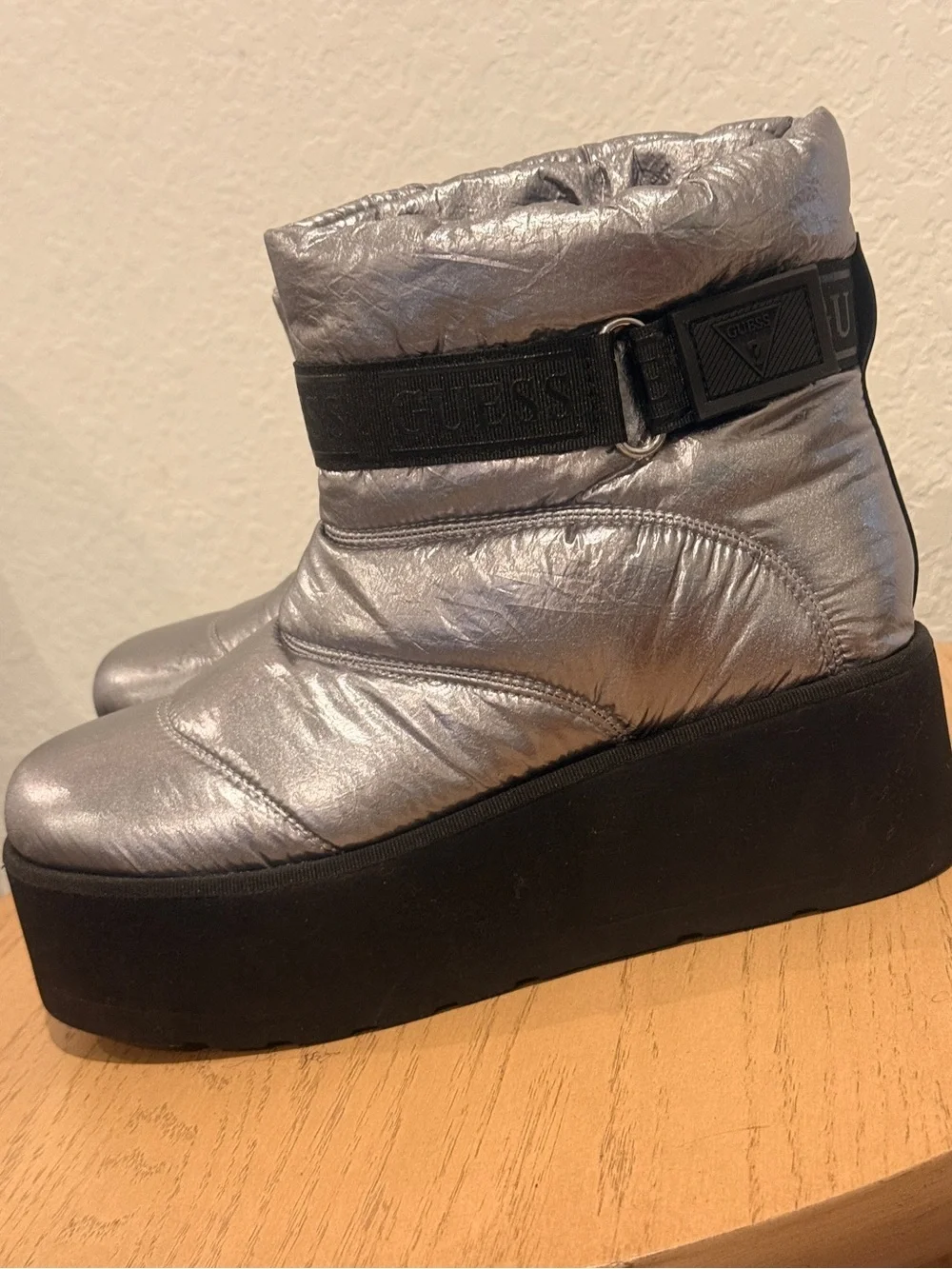 GUESS Metallic Silver Platform Puffer Ankle Boots